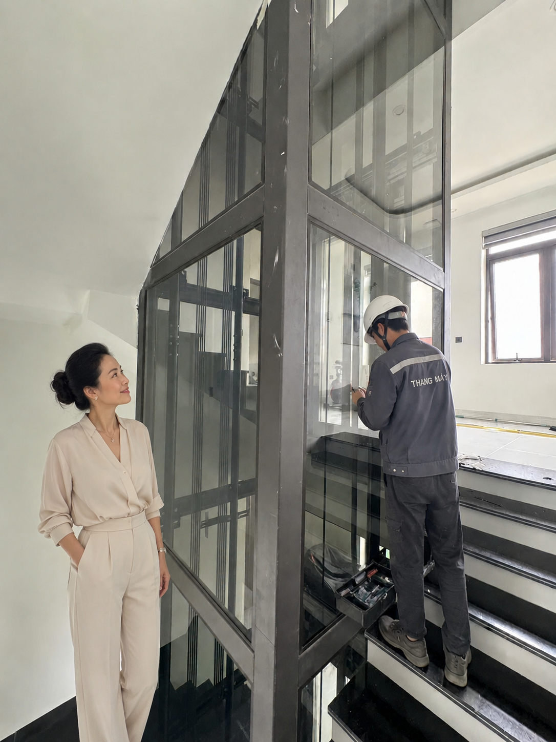 Kỹ thuật viên lắp đặt thang máy kính trong nhà, khách hàng nữ đứng cạnh quan sát